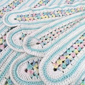 Vintage Baby Blanket Afghan Aqua Pastel Multicolor Stripe Scalloped Edge 45 x 60